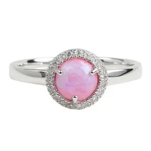 Sterling Silver Light Pink Opal and CZ Halo Ring