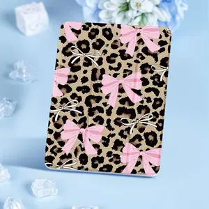 Cute bow and leopard pattern, with adjustable bracket and pen slot, foldable non-slip TPU protective case, suitable for iPad mini, iPad Air, iPad Pro/iPad 10th generation, 11th generation and other series iPad protective cases