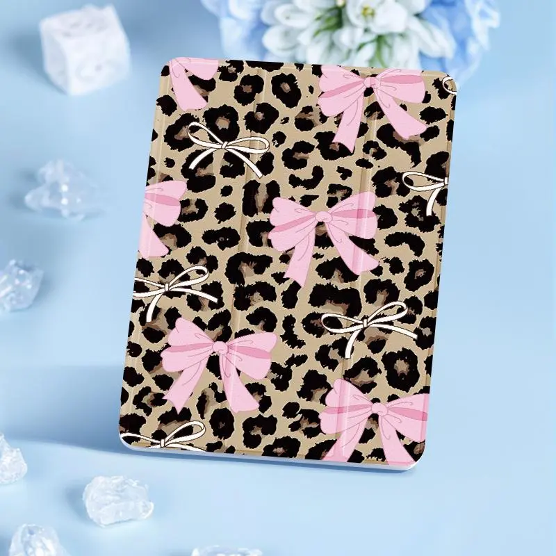 Cute bow and leopard pattern, with adjustable bracket and pen slot, foldable non-slip TPU protective case, suitable for iPad mini, iPad Air, iPad Pro/iPad 10th generation, 11th generation and other series iPad protective cases