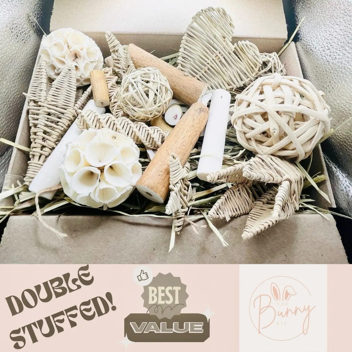 Small Animal Enrichment Toy Dig Box with Timothy Hay, Sola Chews, and Vine Chews for Rabbits, Guinea Pigs, and Small Pets