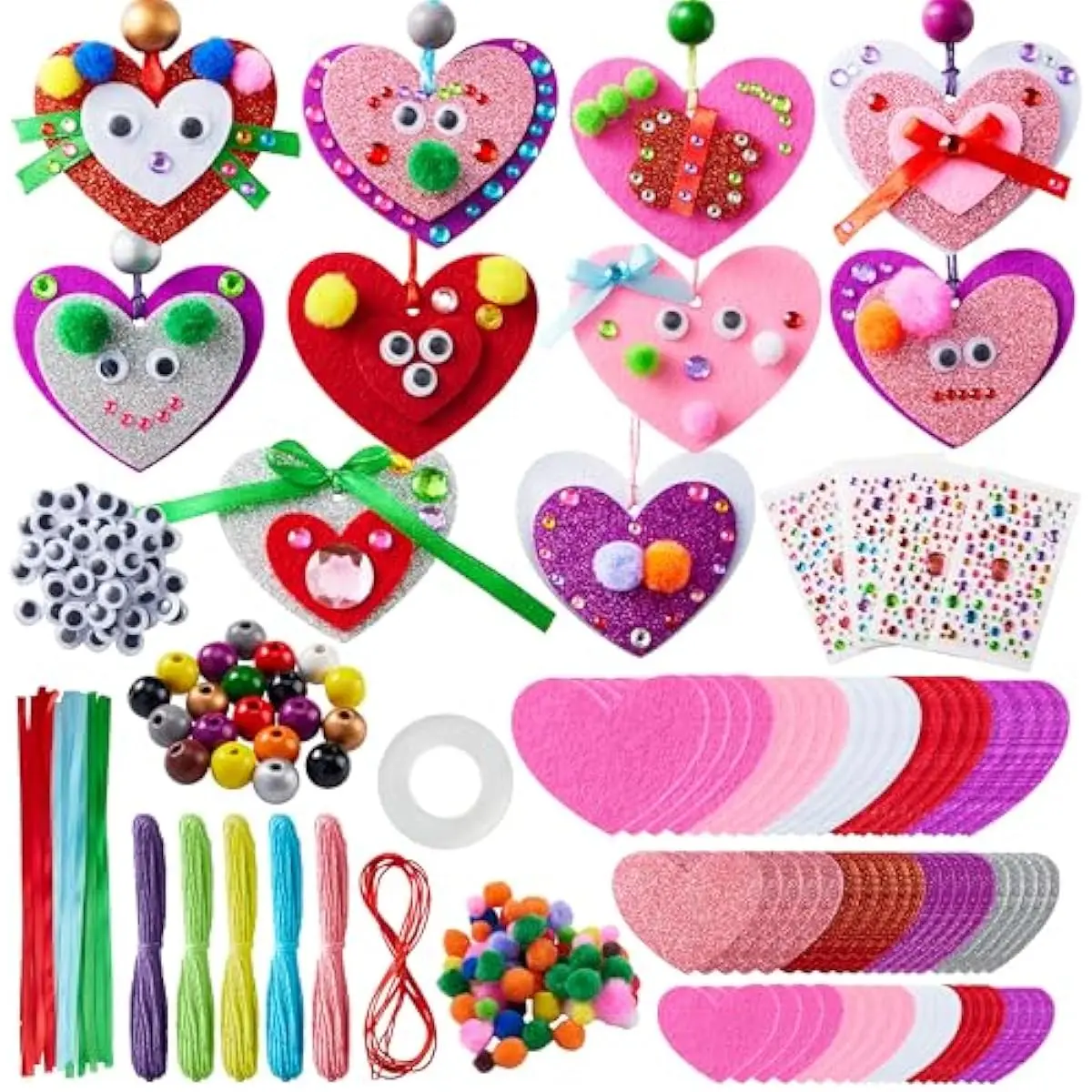 Valentines Day 264 Pcs DIY Heart Felt Craft Set, Felt & Glitter Hearts & Wooden Beads & Plastic Eyes & Colorful Paper Ropes for Valentine's Day Kids Craft Party Classroom Ornaments Decorations