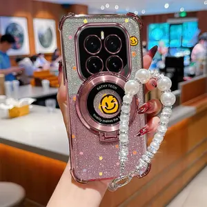 Honor GT Pro Popular Series Luxury pearls Strap Lanyard Phone Holder Case For Compatible With Huawei Honor Gt Pro Transparent Glitter Shiny Cover and Elegant Smiling Expression Stars Protector Cases