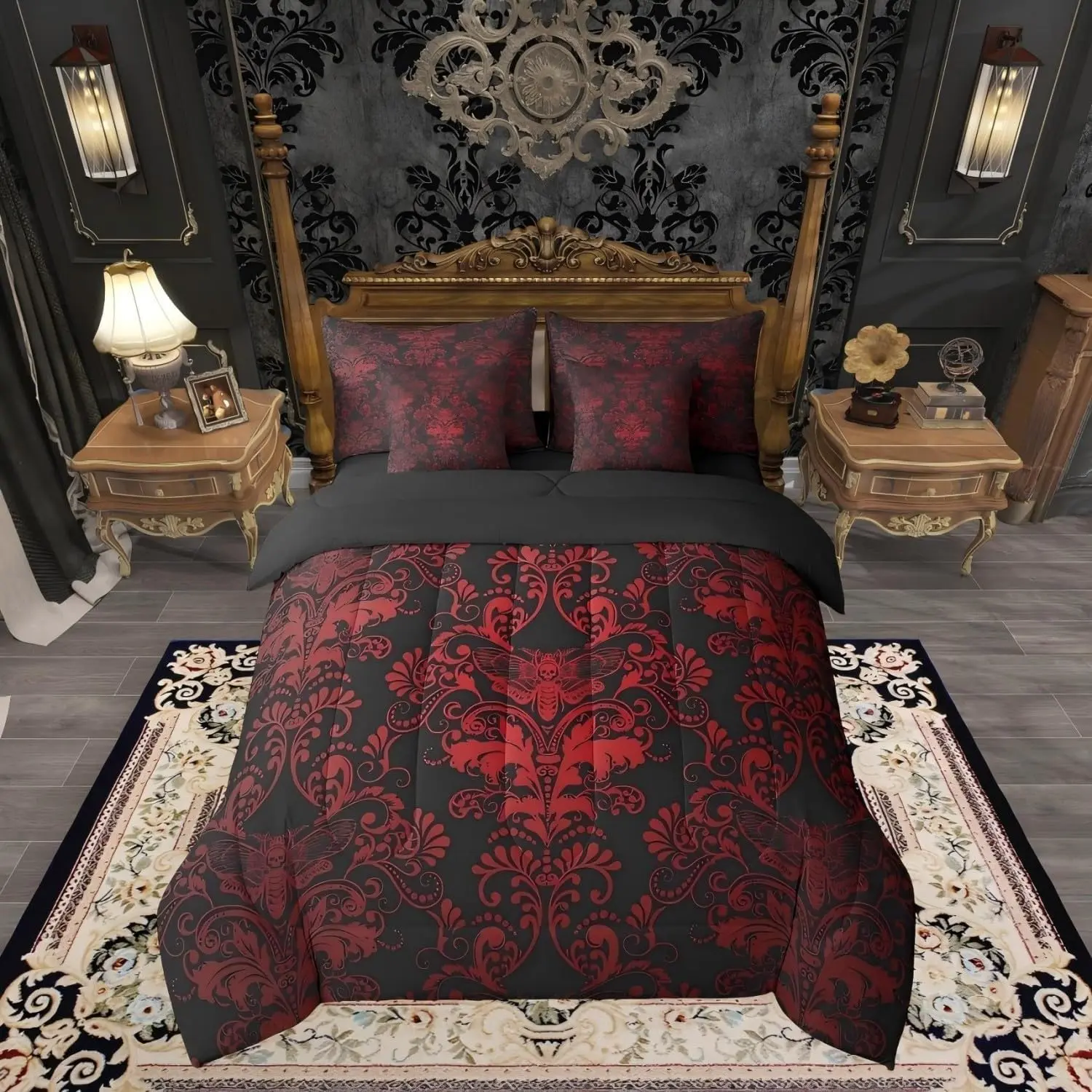 Feelyou 7-Piece Gothic Damask Comforter Set, Red Black Victorian Floral Goth Bed in a Bag with Exotic Moth Design, Queen Size Bedding Set, Bedding Sets, Comforter Queen Size
