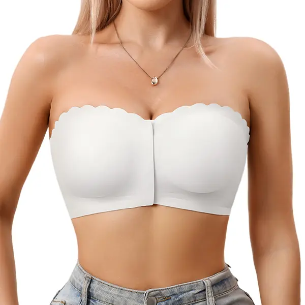 Sharicca Front Close Strapless Bra for Women, W-Support No Slip Bandeau Bra, Triangle Structure Seamless Push Up Bralette, Wireless Invisible Bra for Off Shoulder Dresses