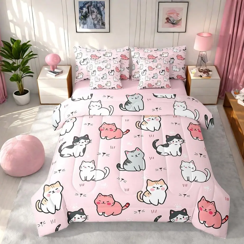 Feelyou 7-Piece Ultra-Soft Kawaii Cat Cartoon Quilt Bedding Set - Multi-Size, Animal Blanket, Comforter, Fitted Sheet, Flat Sheet, Pillowcases, Throw Pillow Covers (Bed in a Bag), Bedding Sheets, Animal Blankets