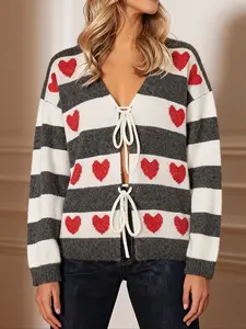 Women's Plus Size Knitted Cardigan Sweater, Valentine's Day Heart Stripe Tie Front, Vacation Travel Outdoor Clothing