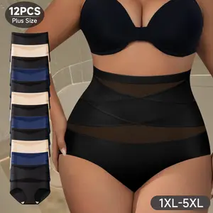 12 Pieces of Women's Large Size High Waisted Underwear, Mesh Patchwork Briefs, Solid Color Simple Underwear Suitable for Daily Travel or Women's Clothing - Breathable and Comfortable Large Size Women's Briefs 7500Plus  Panties Womenswear