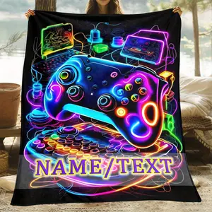 Customizable Gamer Flannel Blanket with Vibrant Neon Game Controller Design - Soft, Warm, Lightweight|Perfect for sofas, bedrooms, offices, camping, and travel|Perfect personalized gift for friends and family