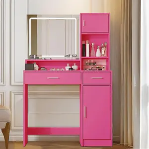 Vanity Desk with Mirror and LED Light Strip,Dressing Table with Large Drawer, 3 Level Storage Dresser & 3 Lighting Modes Adjustable Brightness, Suitable for Bedroom(Rose Pink)