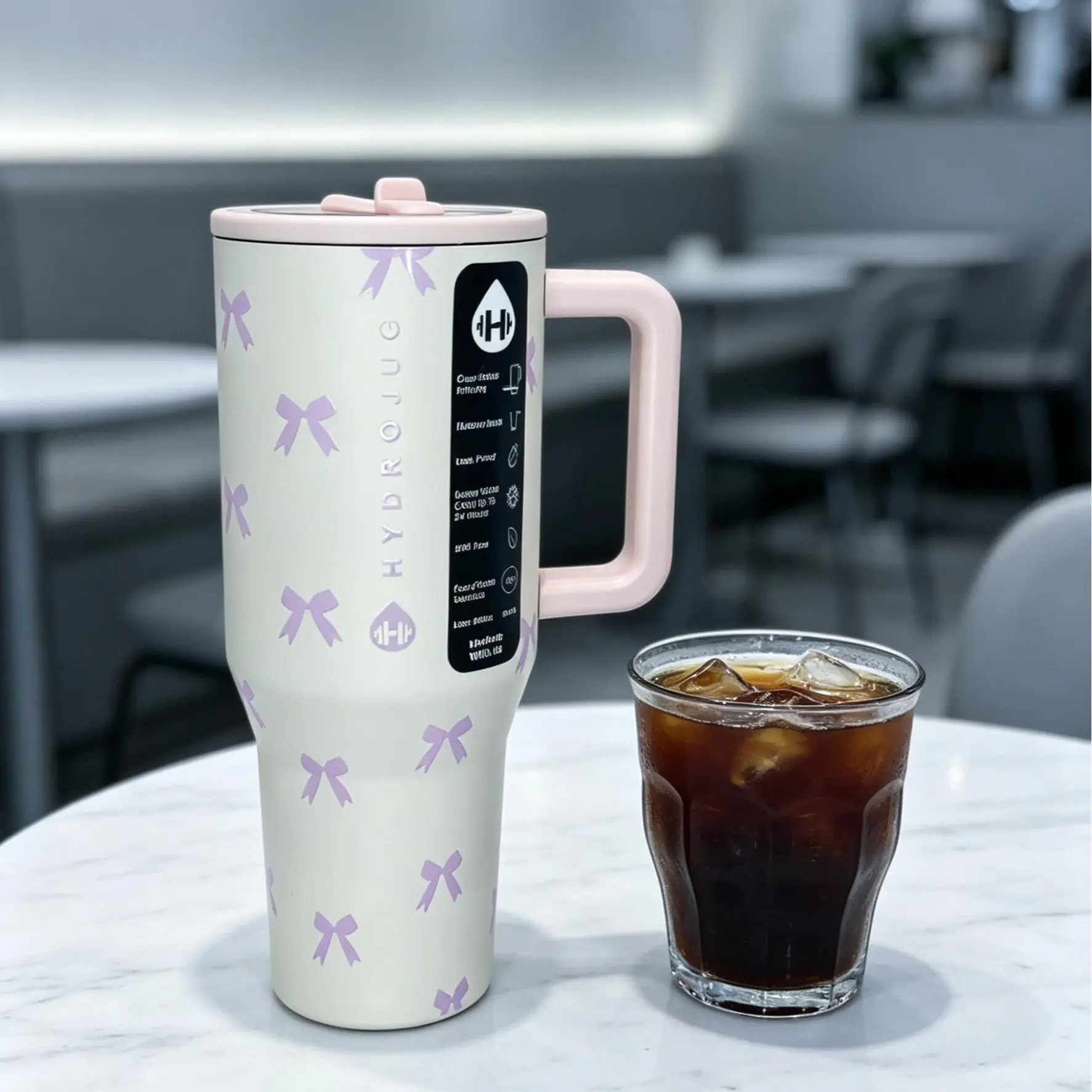 HydroJug 40oz Stainless Steel Tumbler, Cute Light Purple Bow Print Travel Mug With Handle, Leakproof Flip Straw Lid, Keeps Cold 24 Hours, Cup Holder Friendly Insulated Water Cup For Car Gym Travel