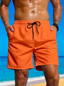 Men's Solid Drawstring Waist Beach Shorts, Casual Pocket Swim Shorts for Summer, Men's Swimwear for Beach Vacation, Activewear