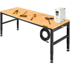 VEVOR Workbench Adjustable Height, 61\" x 20\" Garage Table with 27.1\" - 36\" Heights & 2000 LBS Load Capacity, with Power Outlets & Hardwood Top & Metal Frame & Foot Pads, for Workshop Office Home