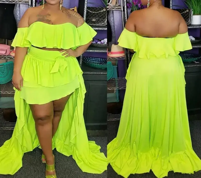 Ruffle One-Shoulder Top And Irregular Skirts 2 Piece Set 5X Women Plus Size
