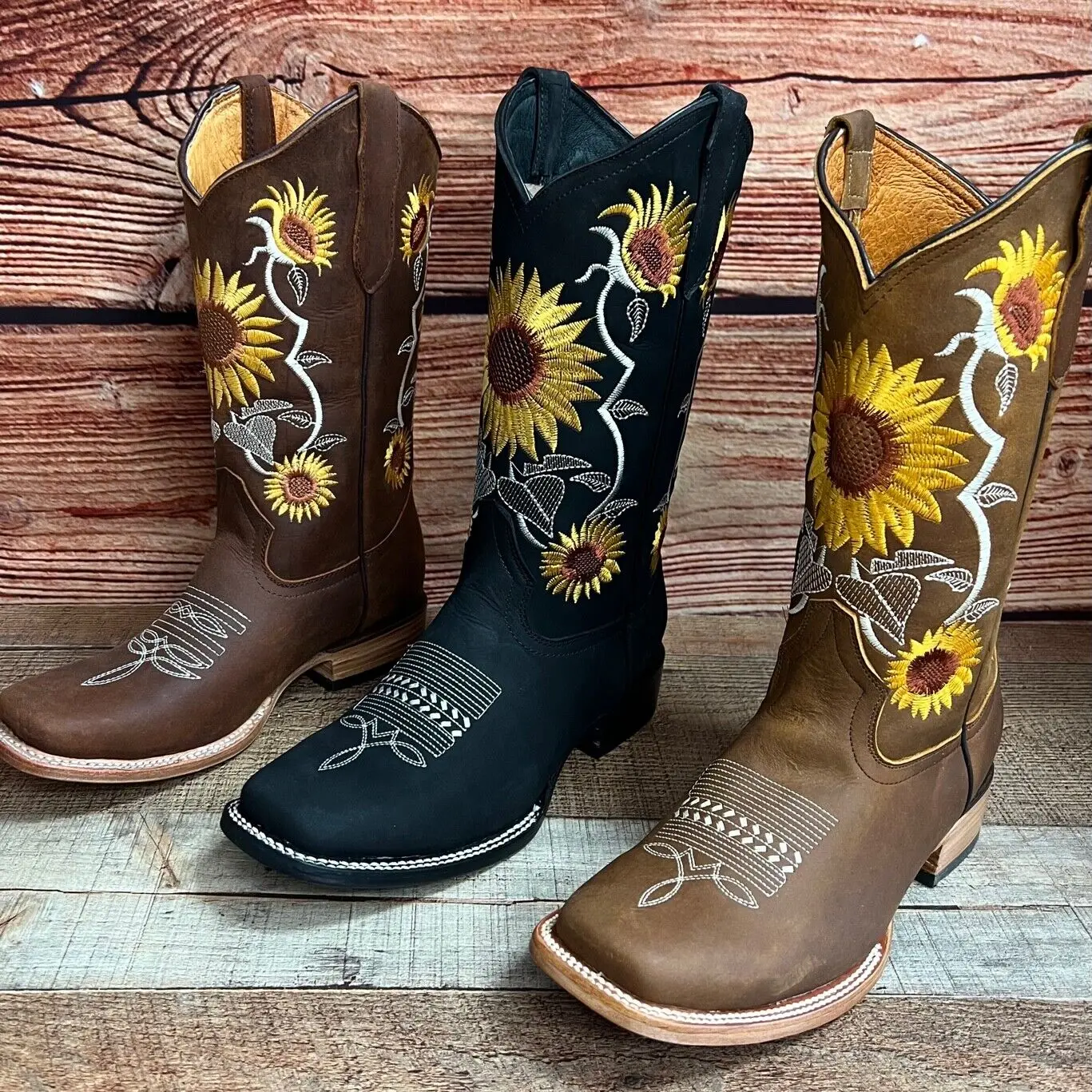 Women's Western Square Toe Cowgirl Boots Genuine Cow Leather Sunflower Embroidery Handmade in Mexico Est. 255/257