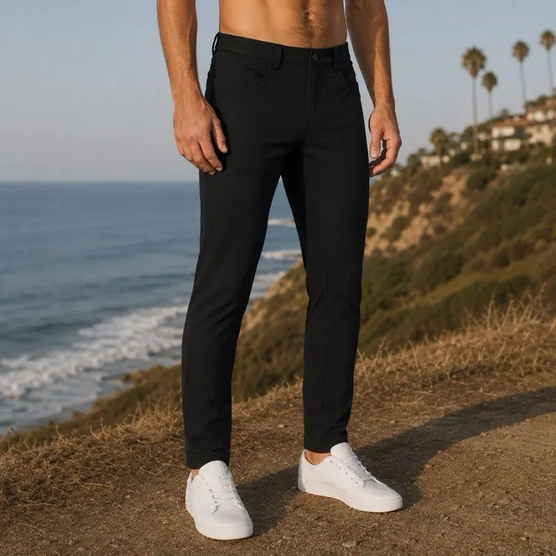 EliasCharles Men's Black Premium Chinos | Stretch Cotton Slim Fit Casual Pants | California Coastal Streetwear | Business Casual Trousers