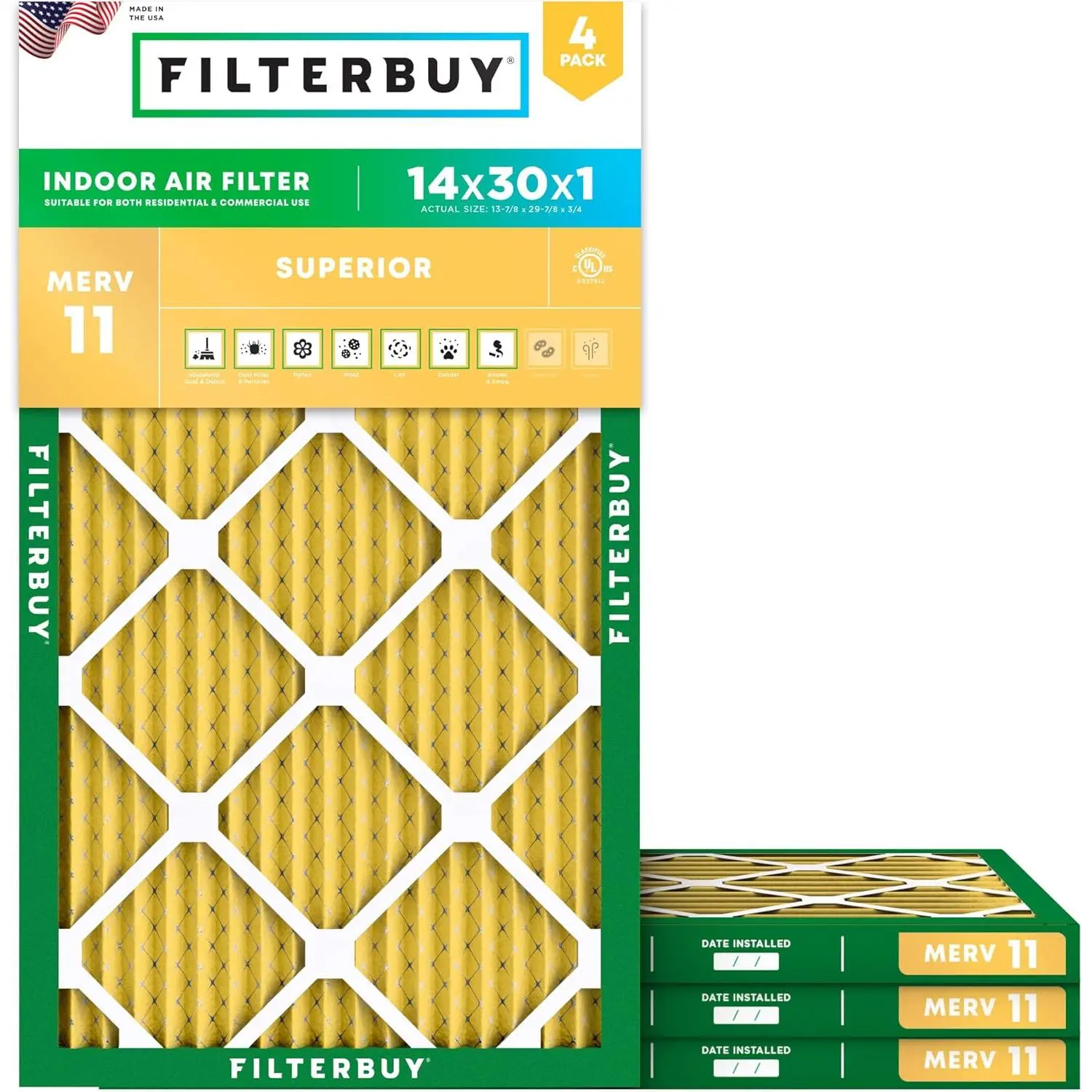 Filterbuy 14x30x1 HVAC AC Furnace Replacement Air Filter (4-Pack), Pleated MERV 11 Allergen Defense (Actual Size: 13.88x29.88x0.75 in)