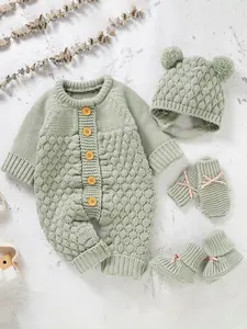 Baby's Button Front Sweater Jumpsuit & Pom Pom Decor Baby Bonnet & Bow Decor Mittens & Knit Baby Shoes Set, Cute Onesies Set for Newborn Infant Kids, Newborn Gift Set, Baby Clothing