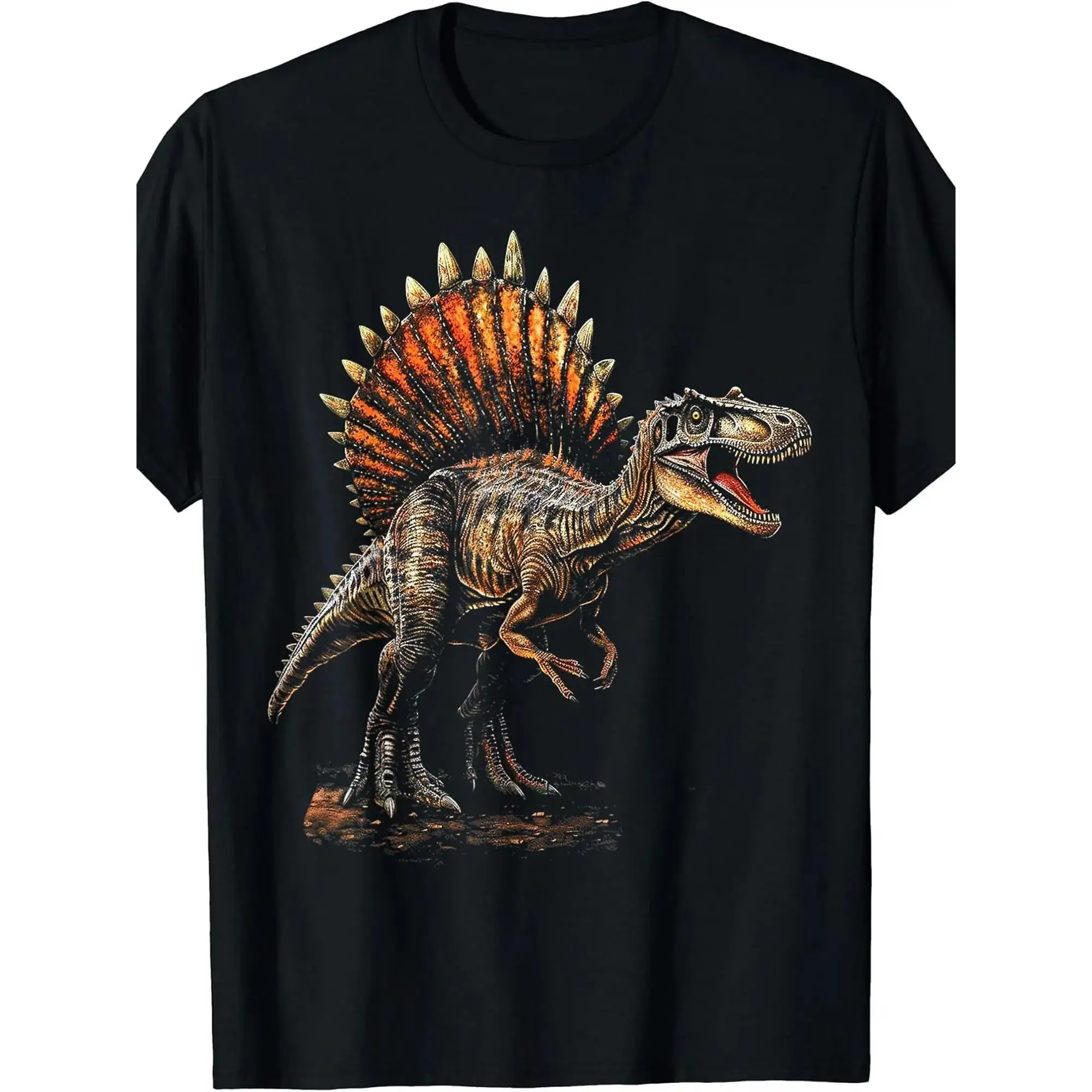 Spinosaurus Dinosaur Graphic T-Shirt & Adults - Black, Small, Short Sleeve - Vibrant Roaring Dinosaur Design with Colorful Spines - Soft & Comfortable Fabric - Perfect for All Seasons, Casual Wear |   Digital Print Quality, Dinosaur Clothes