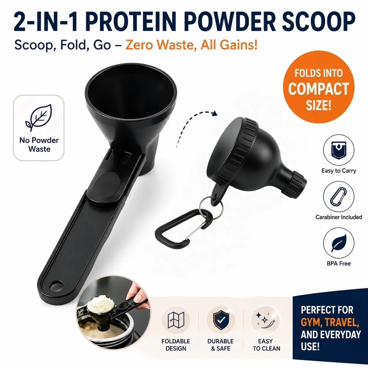 [Buy 1 Get 1 Free] Multi-Function Funnel-Shape Leak-Proof Protein Powder Scoop Storage Container, 2pcs Black Sturdy Sustainable Fitness Essential, Pre-Workout Creatine Use, Ideal Valentine’s Day Gift for Boyfriends