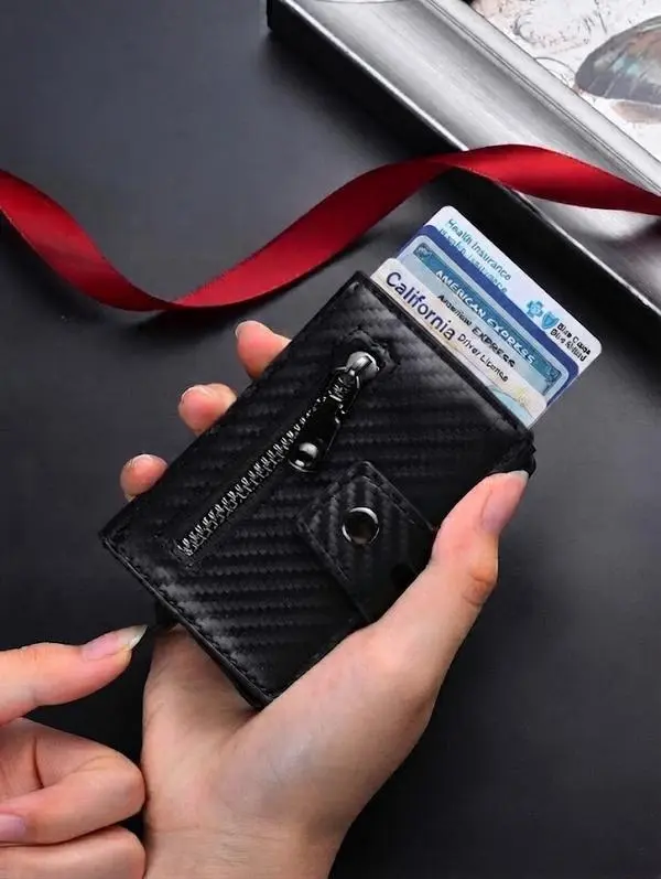 Men's RFID Blocking Pop-Up Card Holder, Ultra Slim Carbon Fiber Wallet with Aluminum Case, Automatic Card Ejector