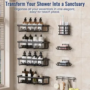 8-Pack Adhesive Rustproof Shower Caddy Set with Soap Dishes, Toothbrush Holder, and Hooks – No-Drilling Large-Capacity Bathroom Organizer Shelves Rack (Black)