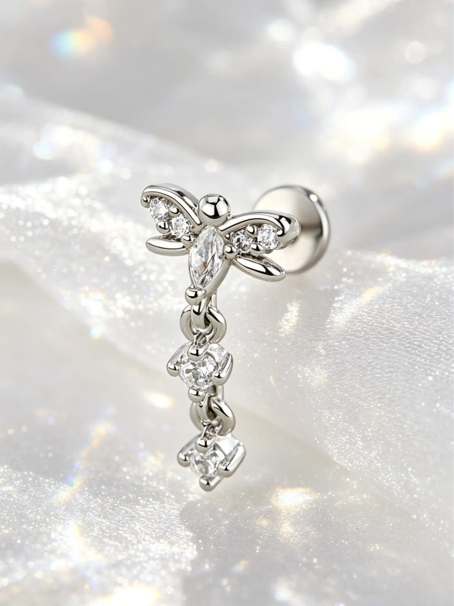 Oufer 16G Dragonfly Clear CZ Dangle Top Cartilage Ear Falt Back Piercing Stud 316L Stainless Steel Helix Pierced Ring Lip Piercing Bar Length 8mm