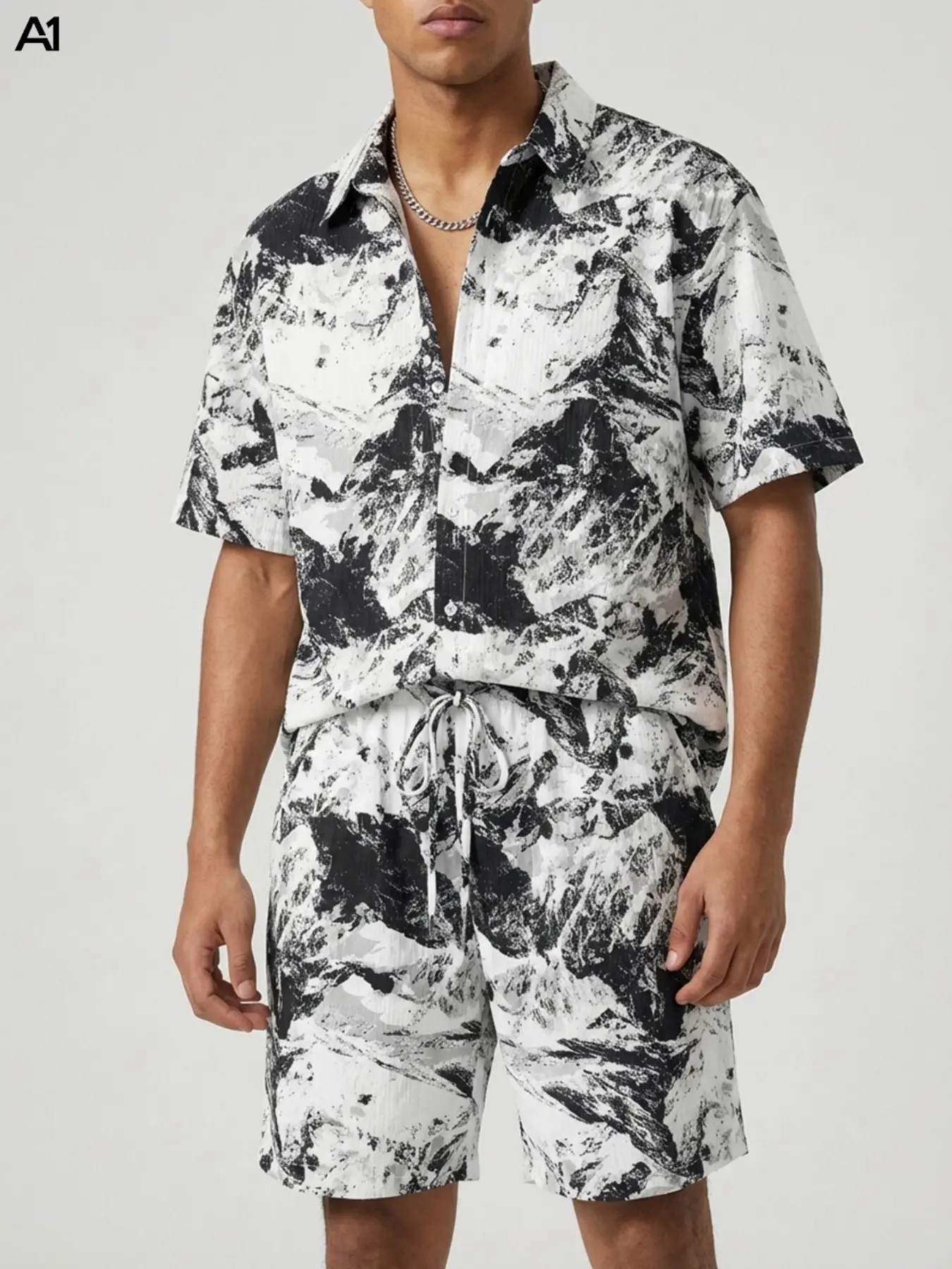 A1 Men's 2 Piece Outfit Snow Mountain Landscape Graphic Print Short Sleeve Button Down Shirt and Drawstring Shorts Set Summer Casual Beach Vacation Matching Tracksuit Black and White