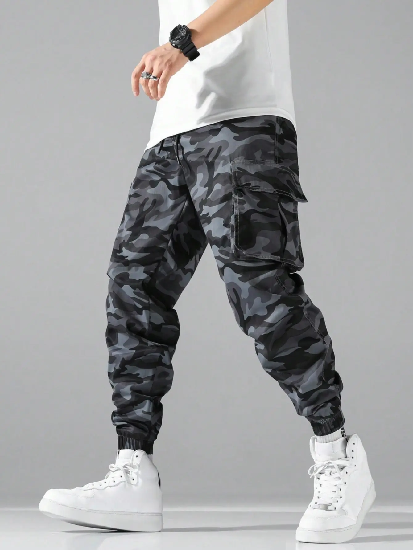 Black & Grey Camo Cargo Joggers | Streetwear Tactical Bottoms
