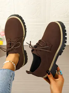 Women's Thick Sole Loafers, Slip-On Casual Shoes, Walking shoes, Support for Daily Activities, PU Leather Upper, Plain Pattern, PVC Sole, Spring & Fall Fashion, One-Piece Lazy Style Footwear, Lace