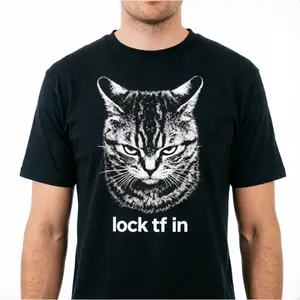 Funny Cat Meme Tee – 'Lock TF In' Black Cat Shirt, Gym Motivation & Gen Z Humor T-Shirt