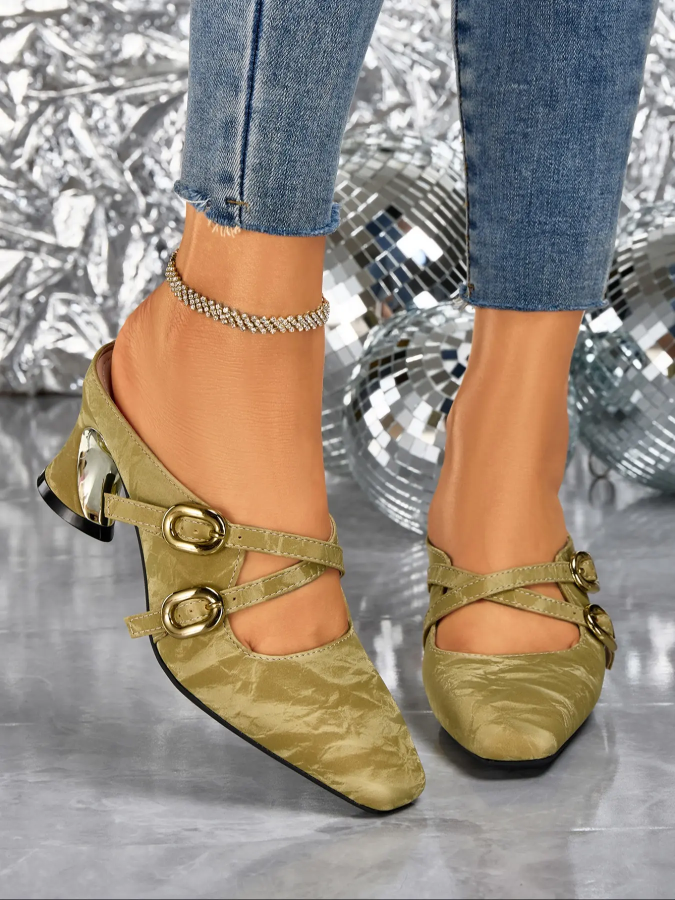 Women's High Heel Sandals, Elegant Square Toe Design, Artificial Leather Material, Flared Heels, All-Season Comfortable Shoes, Elegant Party Shoes