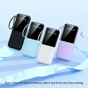 Portable Charger with Built-in Cables, Slim 10000mAh Power Bank with USB C, Travel Essentials External Battery Pack 5 Outputs 2 Inputs LED Display Compatible with iPhone/Android & More(Black)