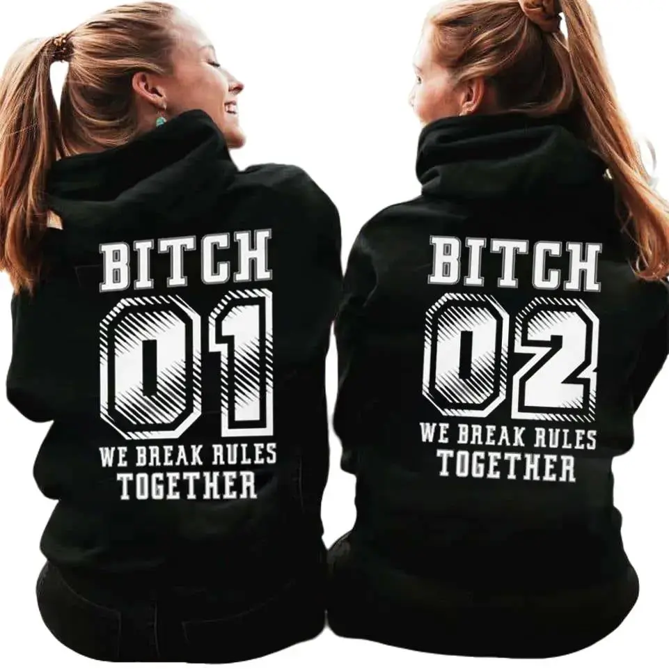 Women's Baggy Ribbed Loose Graphic Hoodie Tops - 'We Break Rules Together' Best Friend Couples Matching Cotton Blend Sweatshirts, Black Pull-On with Pouch Pocket (Note: Do Not Dry Clean, Yarn Fabric)