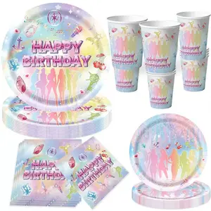 Katseye 51-piece disposable tableware set, Party Pack, includes 10 dinner plates, 10 dessert plates, 10 paper cups, 20 napkins, one tablecloth, Party supplies, perfect for camping, picnics, garden barbecues, weddings