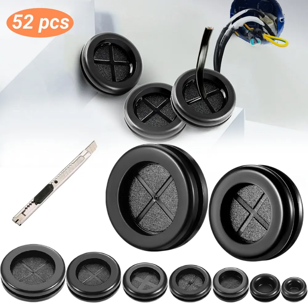 52-Piece Assorted Black Double-Sided Rubber Electrical Firewall Grommet Kit, 7-Size Round Plugs for Cable Holes Protection, 10-Piece 13/32-Inch & 1-Inch Water Pipe Spray Automotive Hardware Fasteners