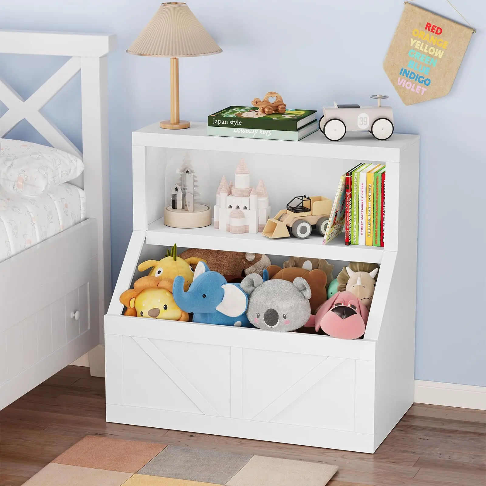 Kids Bookshelf and Toy Storage, 2 Tier Toy Organizer with Storage Cabinet, Toddler 2 Shelf Bookcase for Playroom, Bedroom, Living Room, Classroom, White
