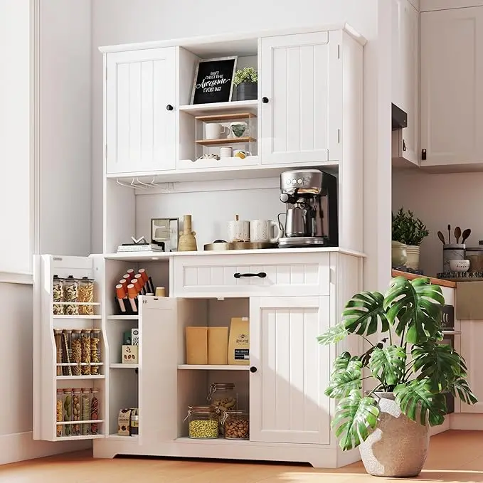 GIZOON Modern 67.7" Tall Kitchen Pantry Cabinet - Modern, Multi-Box, 2-Tier, Dual-Purpose, 3-Level Floor Cabinets with Countertop, Hutch, Coffee Bar Storage for Dining Room, White Kitchen Organization, Modern Floor Cabinets, Multi-Box Floor Cabinets