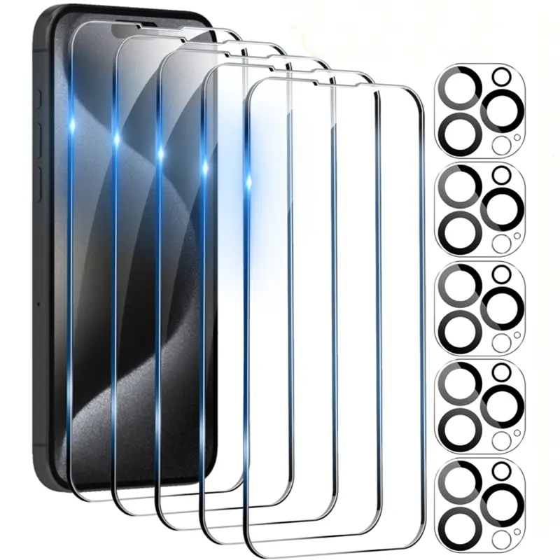 5Pcs Tempered Glass Screen Protector+5Pcs Camera Lens Protectors for iPhone 17 Pro Max Plus 16 15 14 13 12 11, 9H HD Tempered Glass Film, Anti-Scratch