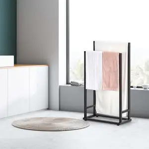Freestanding Towel Racks, 2 Tier Towel Holder Stand For Bathroom, Hand Towel Drying Rack, Matte Black Metal Steel Industrial Towel Drying Rack For Hand Towels Blanket