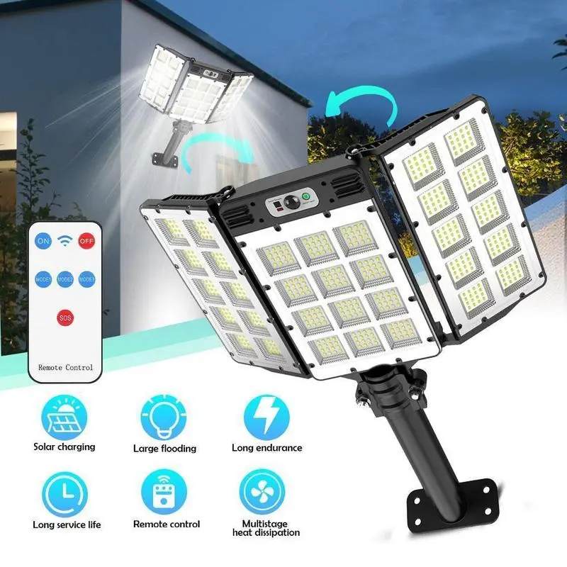 Solar Street Lights Outdoor, Motion Sensor Solar Flood Lights with Remote Control, 3 Lighting Modes, IP65 Waterproof Solar Security Light, Wall & Pole Mount Solar Lamp for Yard, Garden, Garage, Driveway, Road