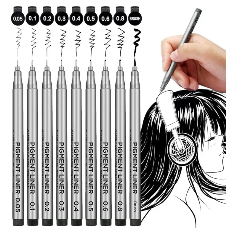 Precision Micro-Line Pens, Set of 9 Black Micron Fineliner Ink Pens, Waterproof Archival Ink, Multiliner, Sketching, Anime, Artist Illustration, Technical Drawing, Art Watercolor