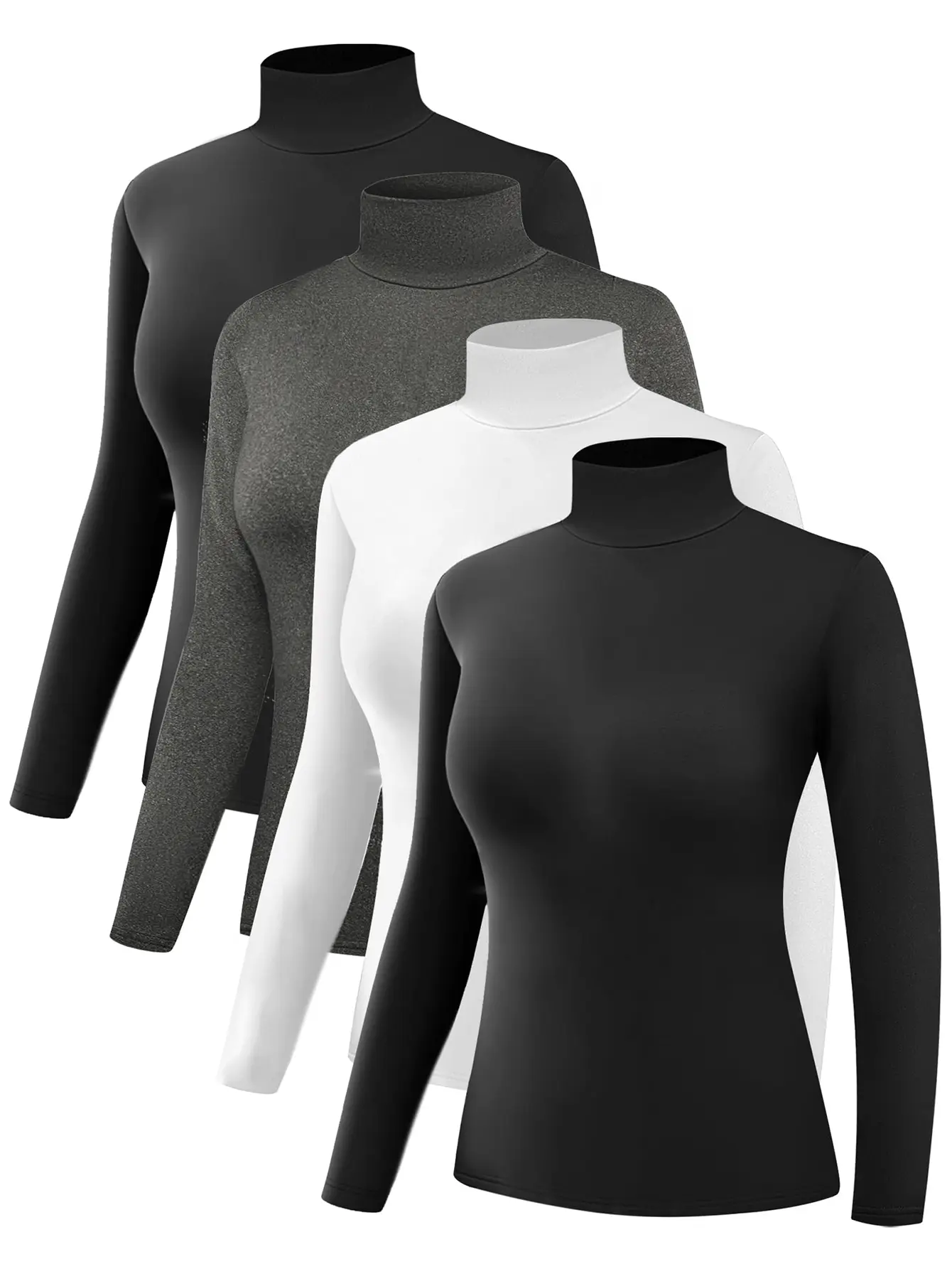 Women's 4-Piece High-Neck Thermal Sports T-Shirt Set, Slim-Fit Long-Sleeve Basic Lady Clothing for Fitness Layering, Comfortable Style, Multiple Colors