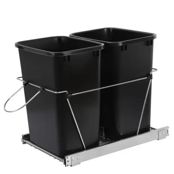 35 Qt Total Steel Under-Counter Pull-Out Slide Dual Chamber Bin Set - Smooth Glide, Silver Base, Removable Black Bins, Cabinet Storage Trash Can for Kitchen Waste & Recycling