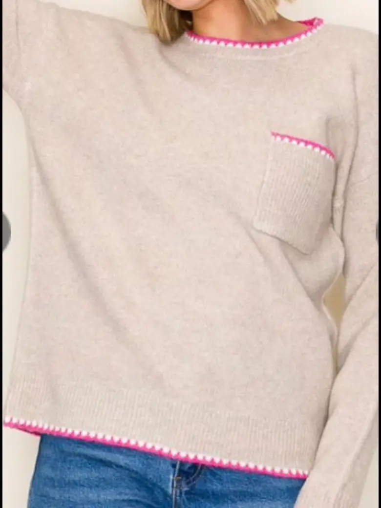 Beige Sweater with Pink Stitching - Long Sleeve Casual Sweater for Fall