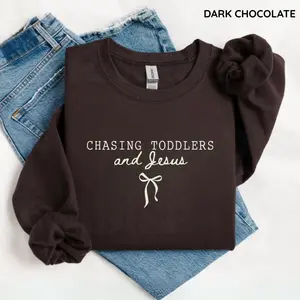 Chasing Jesus and Toddlers Sweatshirt, Coquette Christian Bow Crewneck, Aesthetic Faith Based Pullover, Thoughtful Gift for Christian Moms or Teachers, Gildan for Men and Women, Gift for Him or Her