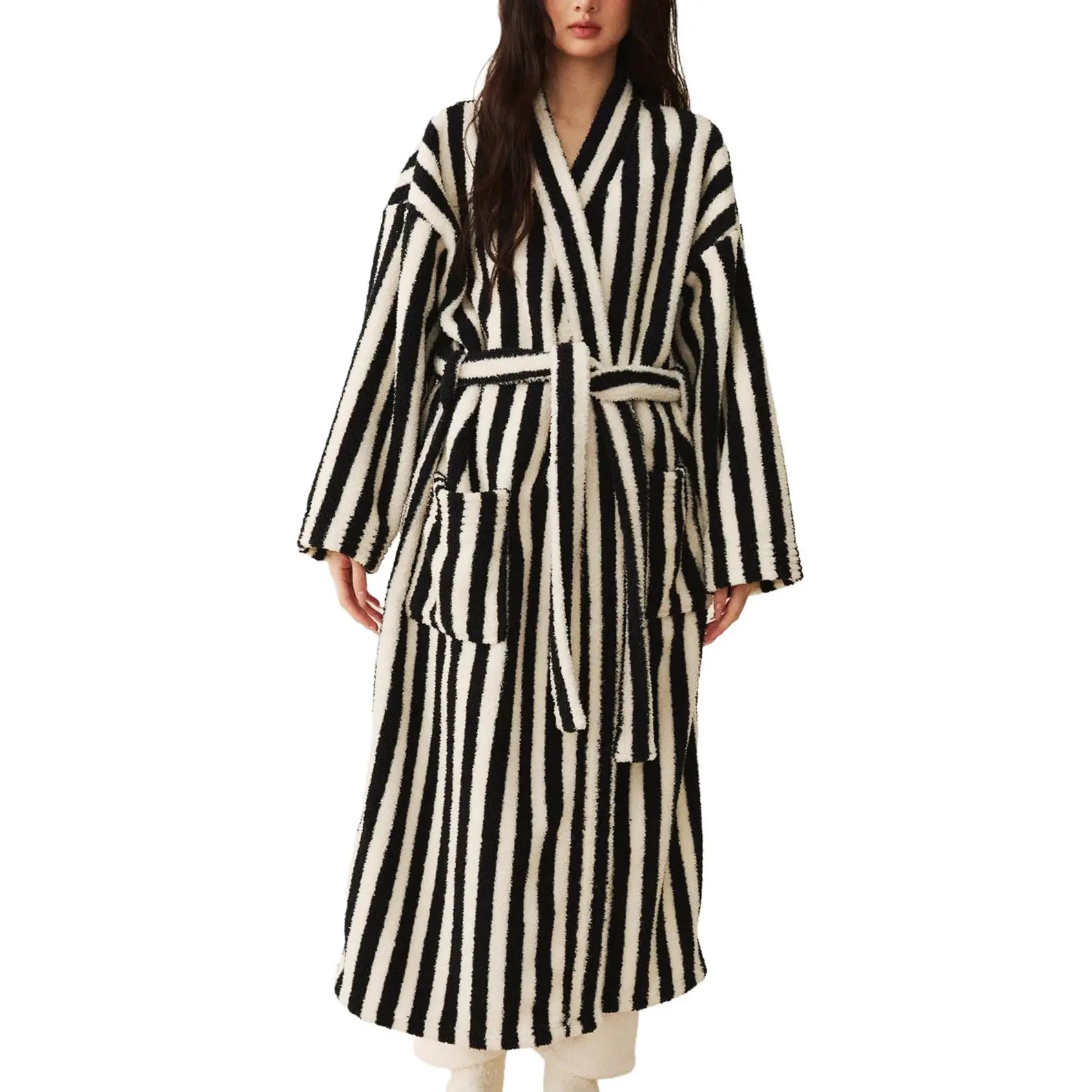Yimoon Womens Striped Robe Fluffy Long Plush Bathrobes Fuzzy Warm Cozy Thick Oversized Loungewear Maxi Robe
