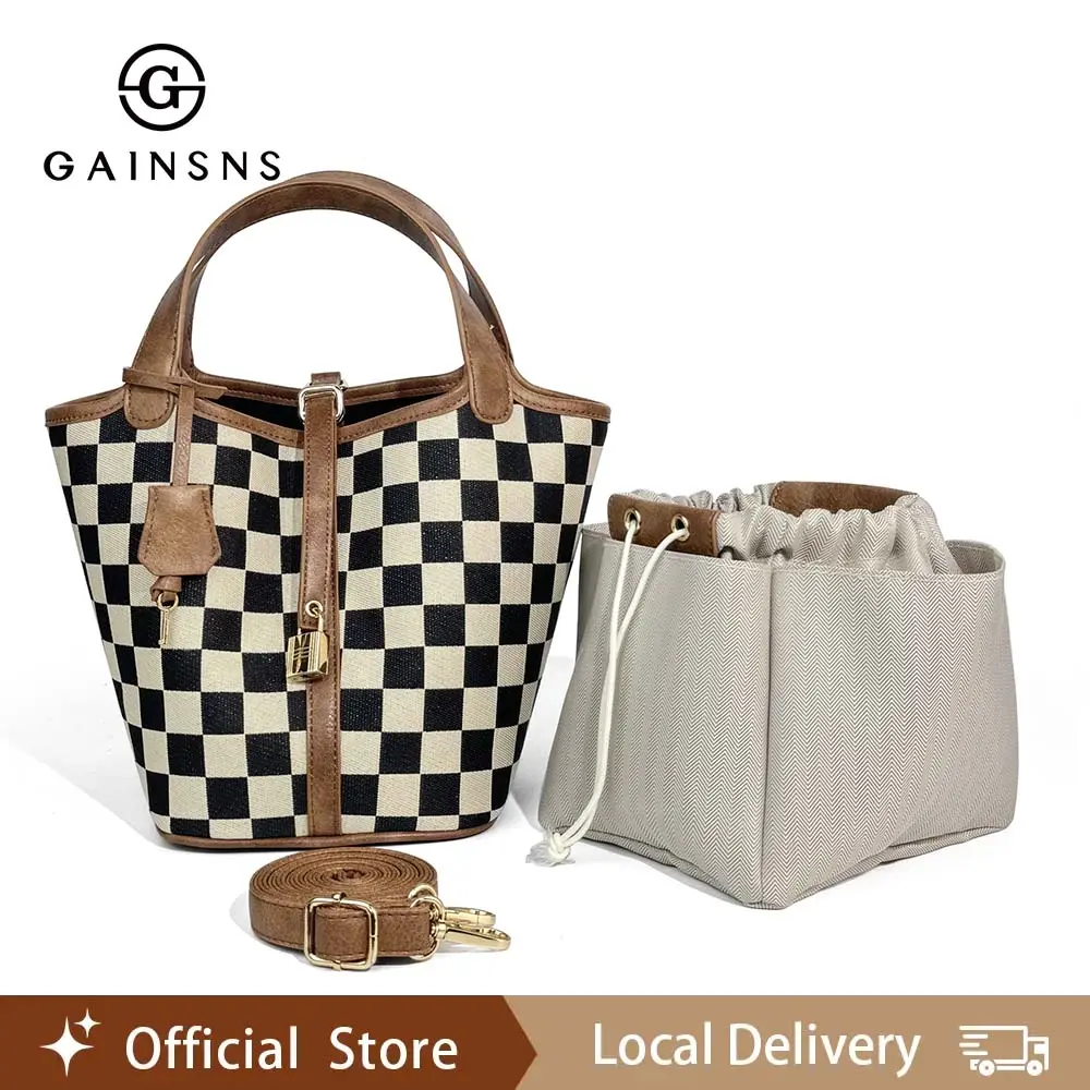 GAINSNS Checkerboard Plaid Women's Crossbody Bag, Polyester Bucket Bag for Women, Vegetable Basket Shape Satchel with Multi-Functional, Lightweight And Casual Adjustable Purse Handbags to Shopping bag and Holidays Gift, Suitable For Work, Travel