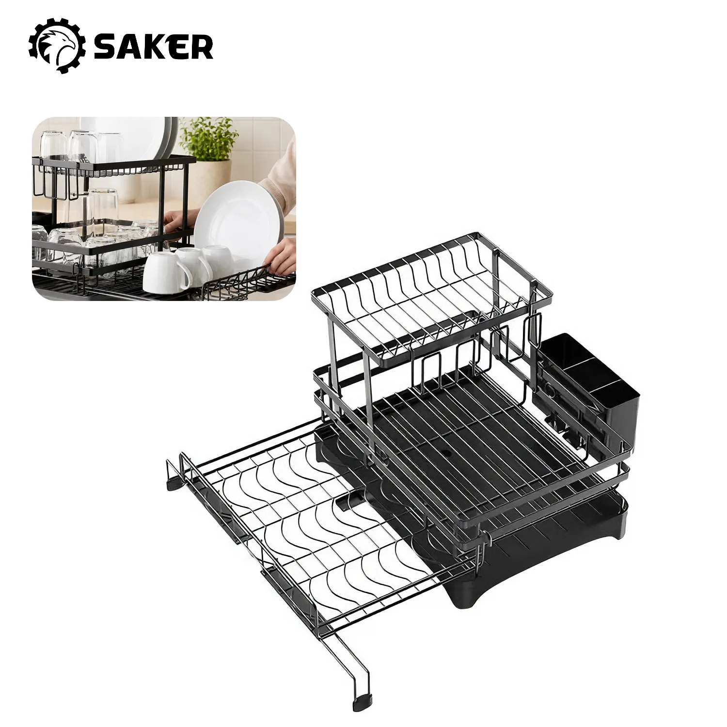 Saker 2-Tier Expandable 2-In-1 Kitchen Counter Dish Drying Rack, Anti-Rust Large Drainer with Drying Mat, Cup Holder, Utensil Holder
