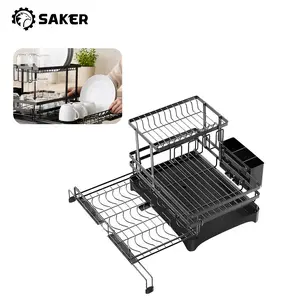 Saker 2-Tier Expandable 2-In-1 Kitchen Counter Dish Drying Rack, Anti-Rust Large Drainer with Drying Mat, Cup Holder, Utensil Holder