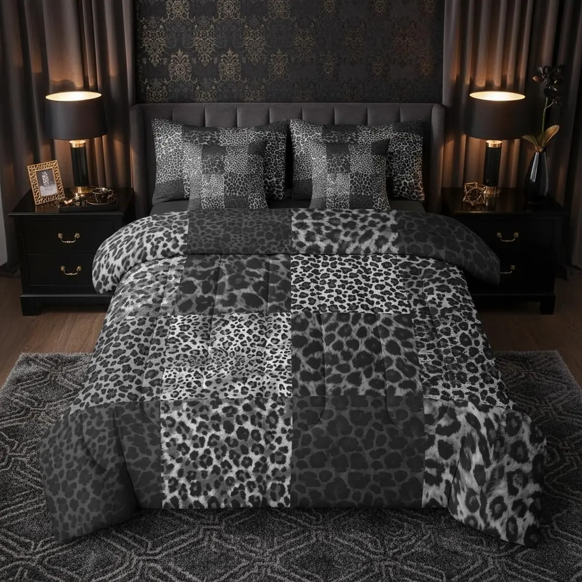 Black Leopard Print Bedding Set African Animal Cheetah Comforter Set 7 Piece Wild Safari Skin Pattern Bed in A Bag Patchwork Farmhouse Wildlife Quilt with Flat Fitted Sheet